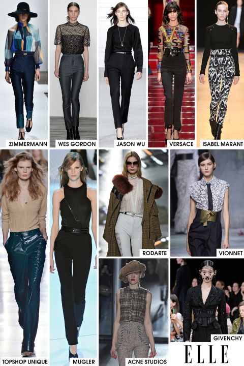 The waist is making a climb far up past the belly button for a look that is super slimming and very sexy. It's not just a high waist, it's an exaggerated silhouette that results in the look of long, lean legs and a teeny tiny mid-section. Sign me up, immediately.