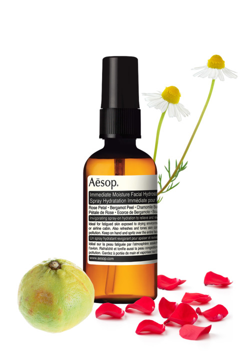 Aesop Immediate Moisture Facial Hydrosol, $25; barneys.com
What's in it: Rose, bergamot, and chamomile
For your skin: Bergamot targets and tackles blemishes ranging from psoriasis to acne to discoloration, thanks to its antiseptic and antibacterial qualities. (The oil has been known to kill the bacteria that causes these issues and speed up recovery and cell regeneration.) As anti-inflammatories, chamomile and rose both soothe and encourage healing as well.
For your mood: These calming properties don't just extend to your complexion, but to your well-being—rose, bergamot, and chamomile are commonly used in aromatherapy to soothe nervousness and stress. Bergamot is even used to remedy anxiety-induced stomachaches and indigestion.