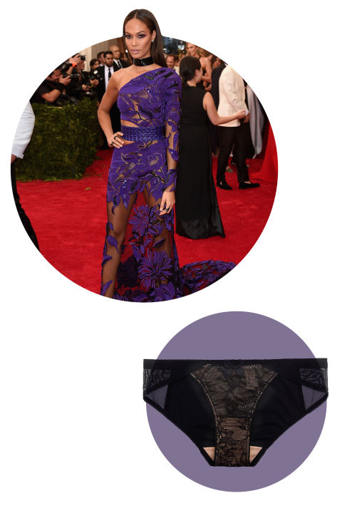 Frequent Victoria's Secret model Joan Smalls isn't shy about her lingerie. With her Roberto Cavalli dress she's going for a mesh and lace combo panty, which is a bolder choice, but still achieves the desired purpose: full coverage.
Gossard Retrolution Brief; $26; journelle.com