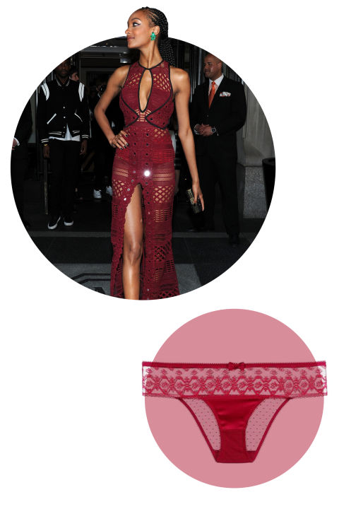 Model Jourdan Dunn takes the monochromatic route. With her red Burberry gown, she also wore a matching red panty. Might as well keep everything in the same color family. She could have gone with black, but the red really makes the statement that the "naked" dress is actually a total outfit.
Stella McCartney Mathilda Giggling Briefs, $80; stellamccartney.com
