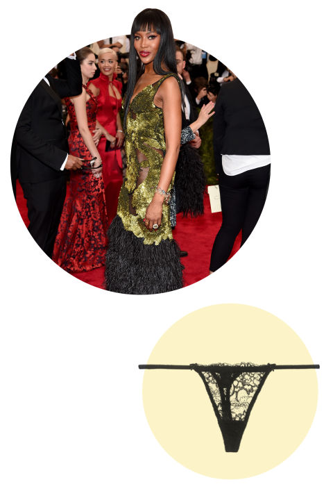 Naomi Campbell wore a pretty tame sheer dress but the holes are there, trust me, and if you've never rocked this look before, even something like this will feel pretty exposed. To get Naomi's look, go for a tiny thong. She has much more fabric to cover the line of these minuscule undies, so the good thing is, the thong doesn't even have to be flesh-toned!
Deborah Marquit Giardino di Fiori lace thong, $65; matchesfashion.com