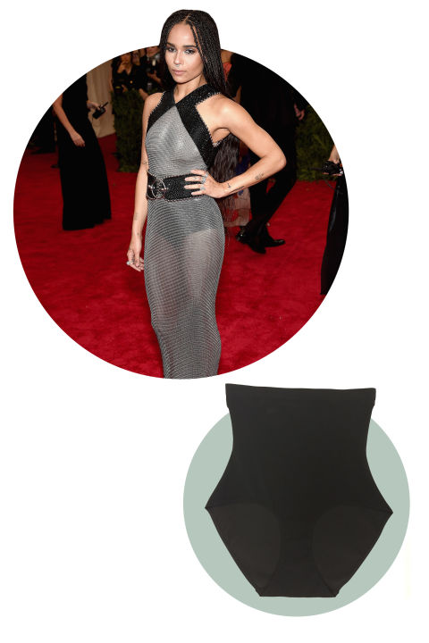 Zoë Kravitz chose a very classic way to wear her mesh Alexander Wang gown and that was with a high-waisted black panty. This choice is a no-brainer for any kind of sheer situation. This pair from Yummie By Heather Thomson serves the purpose of trimming, slimming, and covering: the trifecta!
Yummie By Heather Thomson Marjorie Mid Waist Brief, $38; yummielife.com