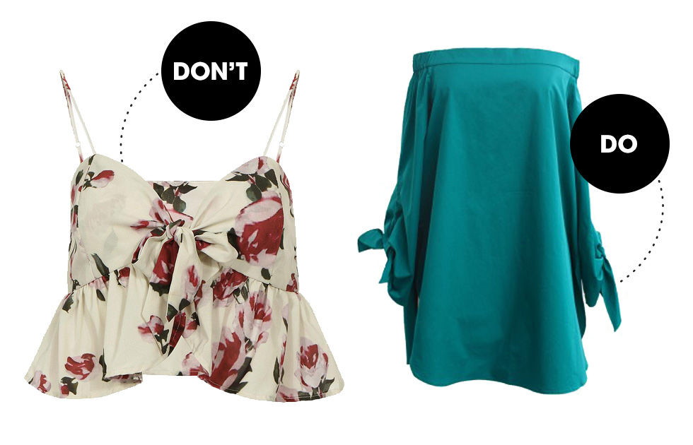 A crop top in the office is not always, as Anastasia Steele would say, "a hard limit." In the winter, crop tops come in the long-sleeved or even the turtleneck variety, and when you wear them with a high-waisted skirt, you can get a great silhouette without the annoying bulkiness that tucking a shirt can add. But in summer, crop tops present a problem because they are often showing more than just a little tummy. Add in arms or cleavage plus and crop top and the equation leads to a human resources nightmare. Instead, save your crop tops for weekend BBQs and go with something off the shoulder instead.
