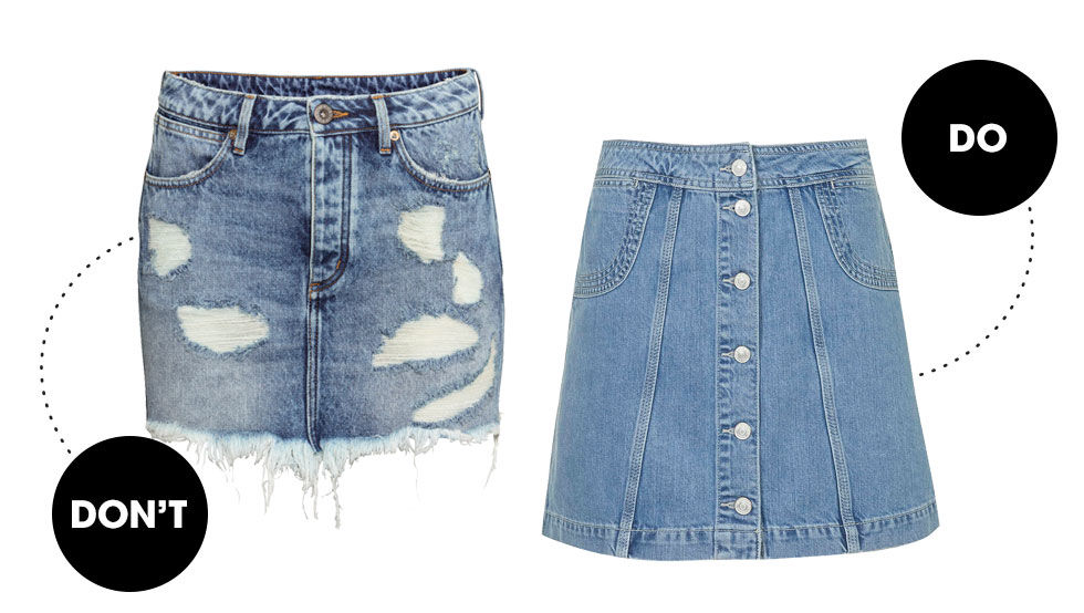 The mini skirt is an obvious choice, but the key to this is choosing the proper silhouette. Avoid anything that hugs the thighs and opt for a high-waist A-line instead. A tighter fit will make your legs look short while a wider cut will elongate them and hint at a thigh gap (whether you have one or not.)H&amp;M Distressed Denim Skirt, $30; hm.comTopshop Moto Stab Stitch A-Line Skirt, $52; topshop.com