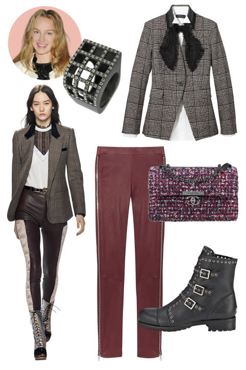 Inspiration: Rodarte, Fall 2015
Shop the Look: Veronica Beard Wool-Blend Blazer, 895; veronicabeard.com; Polo Ralph Lauren Cotton Shirt, $145, Gauze Scarf, $58; both ralphlauren.com; Vince Lambskin Leggings, $1,095; vince.com
Accessories: Sardo Blackened Silver and Brown Diamond Ring, $3,990; doverstreetmarket.com; Jimmy Choo Leather Ankle Boot, $1,495; jimmychoo.com; CHANEL Tweed Handbag, $4,300; available at select CHANEL boutiques
