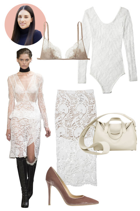 Inspiration: Altuzarra, Fall 2015
Shop the Look: Boohoo Stretch-Lace Bodysuit, $24; boohoo.com; Stone Cold Fox Embroidered-Lace Skirt, $275; revolveclothing.com
Accessories: Carine Gilson Lace Bra, $500; nancymeyer.com; The Row Drum Leather Handbag, $3,950; neimanmarcus.com; Gianvito Rossi Velvet Pump, $670; net-a-porter.com
