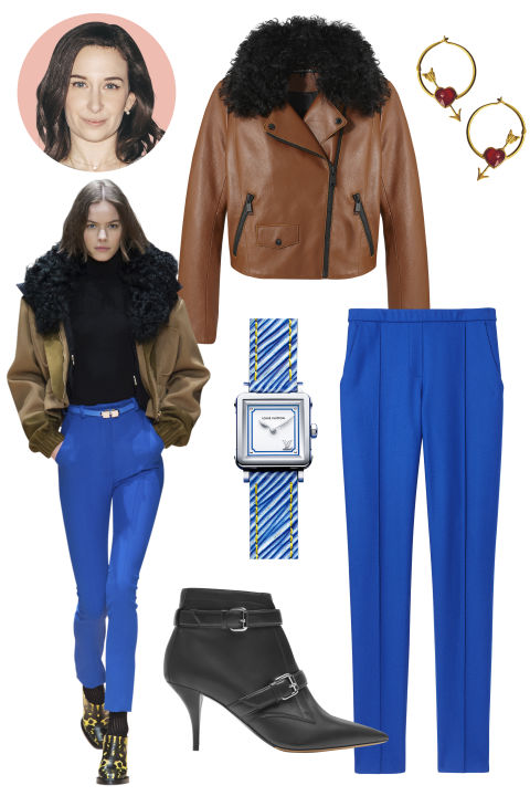 Inspiration: Carven, Fall 2015
Shop the Look: Andrew Marc Leather and Shearling Jacket, $1,095; andrewmarc.com, Elie Tahari Wool-Blend Pants, $298; elietahari.com
Accessories: Marie-Hélène de Taillac Gold and Fire Opal Earrings, $2,950; mariehelenedetaillac.com; Louis Vuitton Silver Watch, $3,200; louisvuitton.com; Tabitha Simmons Leather Ankle Boot, $1,095; Collection at The Griffin, Miami. 
