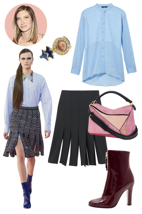 Inspiration: Dior, Fall 2015
Shop the Look: Tibi Wool Gauze Easy Shirt, $350; tibi.com; Tibi Carwash Midi Skirt, $385; tibi.com
Accessories: Sabine G. Diamond, Pink Tourmaline Blue Enamel, and Gold Ring, $3,121; sabineg.com; Loewe Suede Handbag, $2,190; nordstrom.com; Valentino Patent Leather Ankle Boots, $1,575; bergdorfgoodman.com

