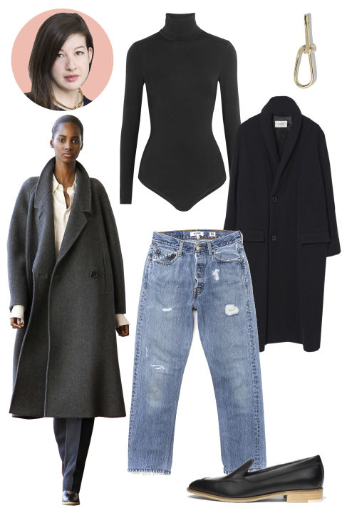 Inspiration: Lemaire, Fall 2015
Shop the Look: Lemaire Kaftan Coat, $1,350; lagarconne.com; Wolford Colorado G-String Bodysuit, $260; net-a-porter.com; Re/Done Jeans, $380; shopredone.com
Accessories: Annelise Michelson Wire Earring, $218; annelisemichelson.com; Everlane Modern Loafer, $165; everlane.com
