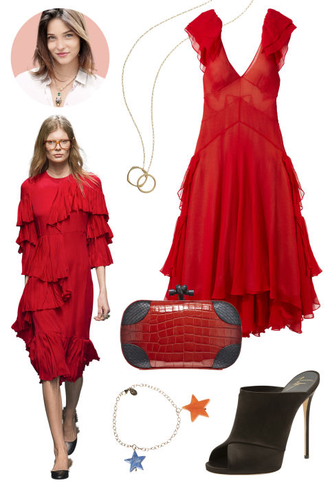 Inspiration: Gucci, Fall 2015
Shop the Look: Free People Silk Dress, $400; freepeople.com
Accessories: Monica Rich Kosann Gold and Diamond Rings on Gold Chain, $2,820; monicarichkosann.com; Bottega Veneta Soft Crocodile Clutch, Price Upon Request; bottegaveneta.com; Jessica Winzelberg Gold Bracelet With Lapis and Red Aventurine Charms, $275; jessicawinzelberg.com; Giuseppe Zanotti Satin Mule, $750; saks.com
