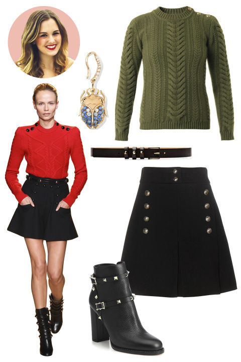 Inspiration: Isabel Marant, Fall 2015
Shop the Look: Balmain Cable-Knit Wool Sweater, $422; matchesfashion.com; Chloe Wool Skirt, $1,260; mytheresa.com
Accessories: Aurelie Bidermann Blue Sapphire Scarab Keeper Earring, $3,775; aureliebidermann.com; Maison Boinet Studded Textured-Leather Skinny Belt, $74; modaoperandi.com; Valentino Rockstud Pebbled Leather Booties, $1,375; saks.com
