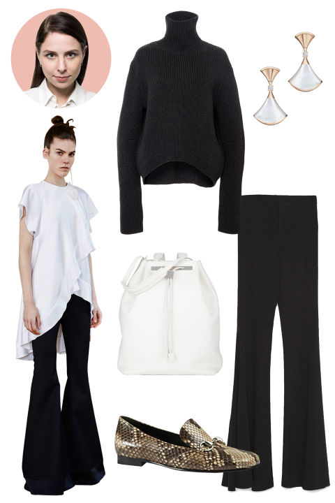 Inspiration: Ellery, Fall 2015
Shop the Look: Ellery High Collar Cropped Jumper, $1,090; modaoperadi.com; Zara Wide Flared Studio Trouser, $129; zara.com 
Accessories: Bulgari Diva Earrings, $2,550; bulgari.com; The Row Drawstring Backpack, $4,065; farfetch.com; Gucci Python Horsebit Loafers, $1,110; gucci.com

