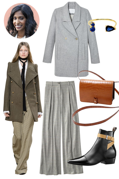 Inspiration: Chloé, Fall 2015
Shop the Look: Ayr Wool and Cashmere Jacket, $585; ayr.com; J.Crew Cashmere Trousers, $1,250; jcrew.com
Accessories: Loren Stewart Gold and Sapphire Ring, $415; matchesfashion.com; Lacontrie Crocodile Cross-Body Bag, $4,100; lacontrie.com; Louis Vuitton Calfskin Ankle Boot, $1,280; louisvuitton.com
