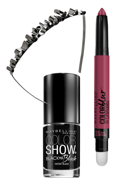 A downtown girl with a devil-may-care attitude is all about unfussy waves. "This is a third-day-hair style," hairstylist Clay Nielsen says of the lived-in texture. To rough up freshly washed strands, try R+Co Badlands Dry Shampoo Paste. Then slip on a tiara that's more rocker than royal.
Shop the look:
Colette Malouf Metal Scribble Maneframe Headband, buy it now
Maybelline New York Lip Studio Color Blur Matte Lip Pencil in Plum, Please, buy it now
Maybelline New York Color Show Back to Black Nail Lacquer in Patent Black, buy it now