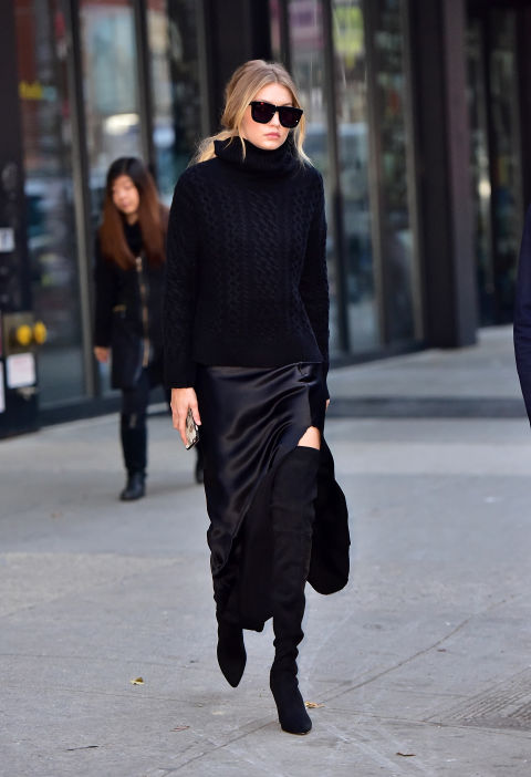Who: Gigi Hadid
When: December 08, 2015
Why: From cable-knit to satin to suede, Gigi Hadid owns the New Yorker's all-black uniform by expertly mixing materials with this Nili Lotan look. 
