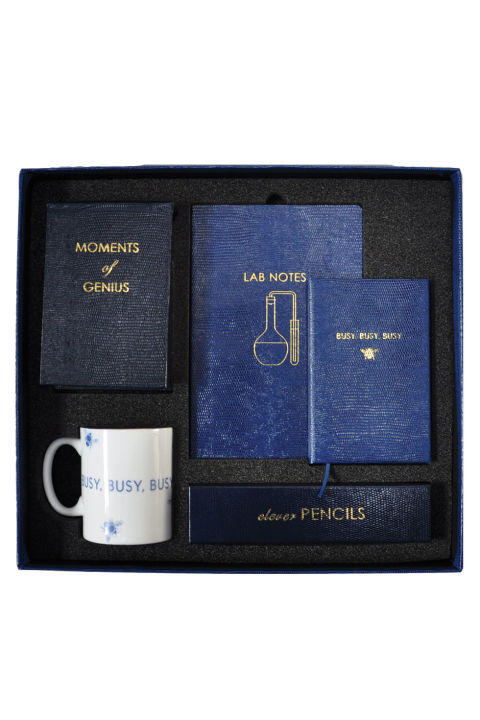 If he's going to be a workaholic, he might as well live at his desk in style. Sloane Stationery is a traditional British paper company with a quirky sensibility. Case in point: this clean set of tongue-in-cheek notebooks that are almost too pretty to write on. Sloane Stationery Desk in a Box, £119; sloanestationery.com 
