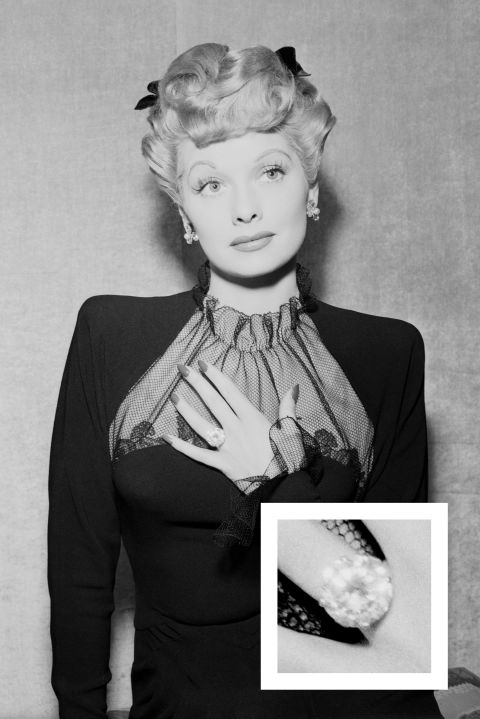 Ball received a brass ring from Desi Arnaz when they eloped, but he later upgraded the actress's engagement ring to a large cushion-cut diamond and platinum ring.