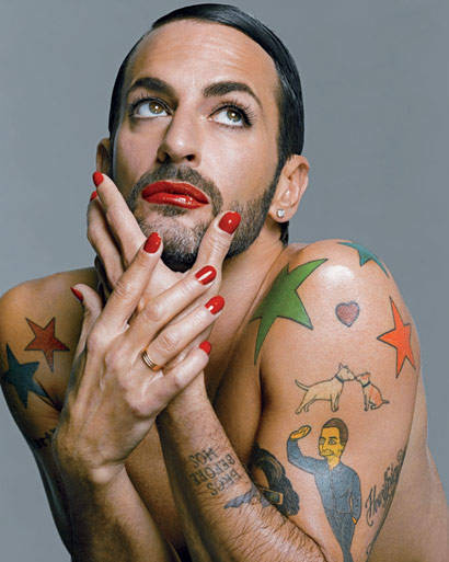 For Marc Jacobs, Nars was inspired by a Richard Avedon photograph of model China Machado from 1959. "In the image, China wears a bright red    nail polish, and I thought it would be fun to create the same look on Marc," he says. "Marc is always up for anything, so I applied    lipstick, false lashes, and eyeliner, and then he took off his shirt. The colors of his tattoos really make the picture."
