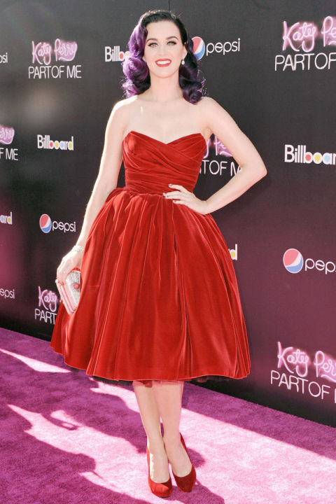 Perry channels '50s fashion in a velvet Dolce &amp; Gabbana dress at the Hollywood premiere of Katy Perry: Part Of Me.
